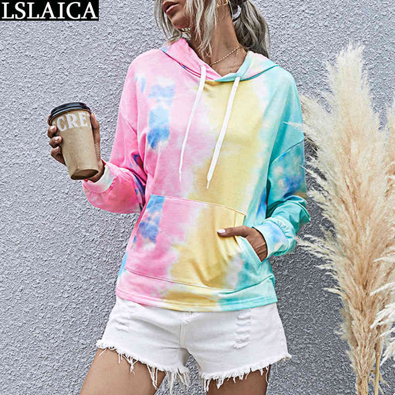 Hoodies Women Sweatshirt Casual Tie Dye Print Long Sleeve Pocket Pullovers Sweatshirts Fashion Female Clothes Loose Autumn Tops 210520