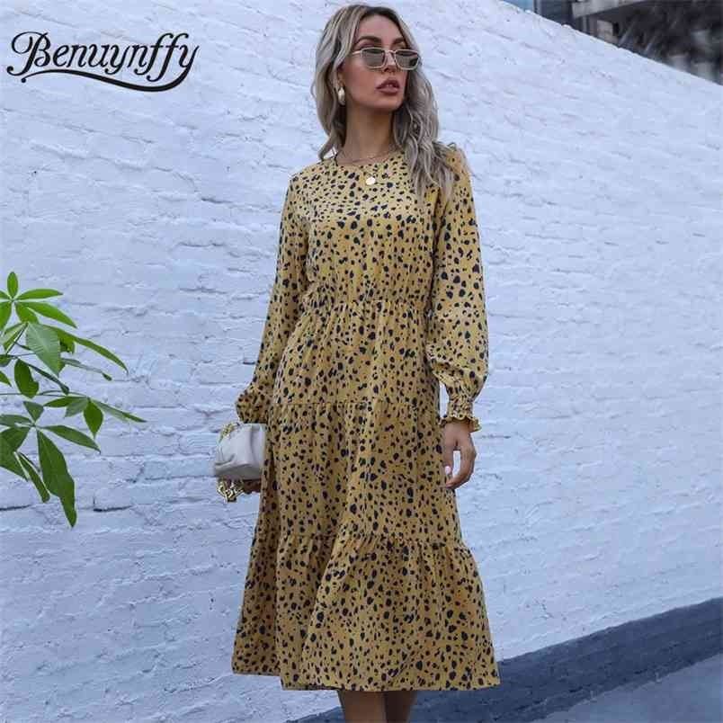 Crew Neck Long Sleeve Ruffle Knee Length Dresses Women Spring Autumn High Waist Vacation Casual Print A-Line Dress 210510