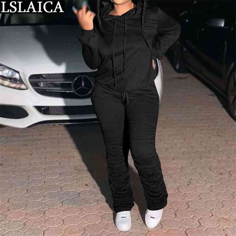 Long Sleeve Hooded Crop Top and Stacked Pants Two Piece Set Women Autumn Winter Casual Plus Size Female Sweat Suits Sportswear 210515