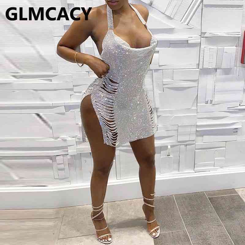 Women Sleeveless Backless Sequined Mini Dress Sexy Ripped Slit Party Club Dresses 210702