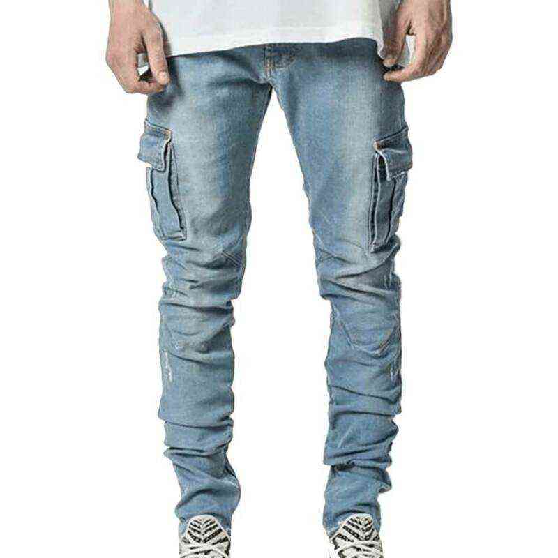 Men Solid Skinny Pockets Denim Cargo Combat Pants Jeans Slim Fit Trouser Bottoms Fashion Men's Casual Outwear Jeans 211120