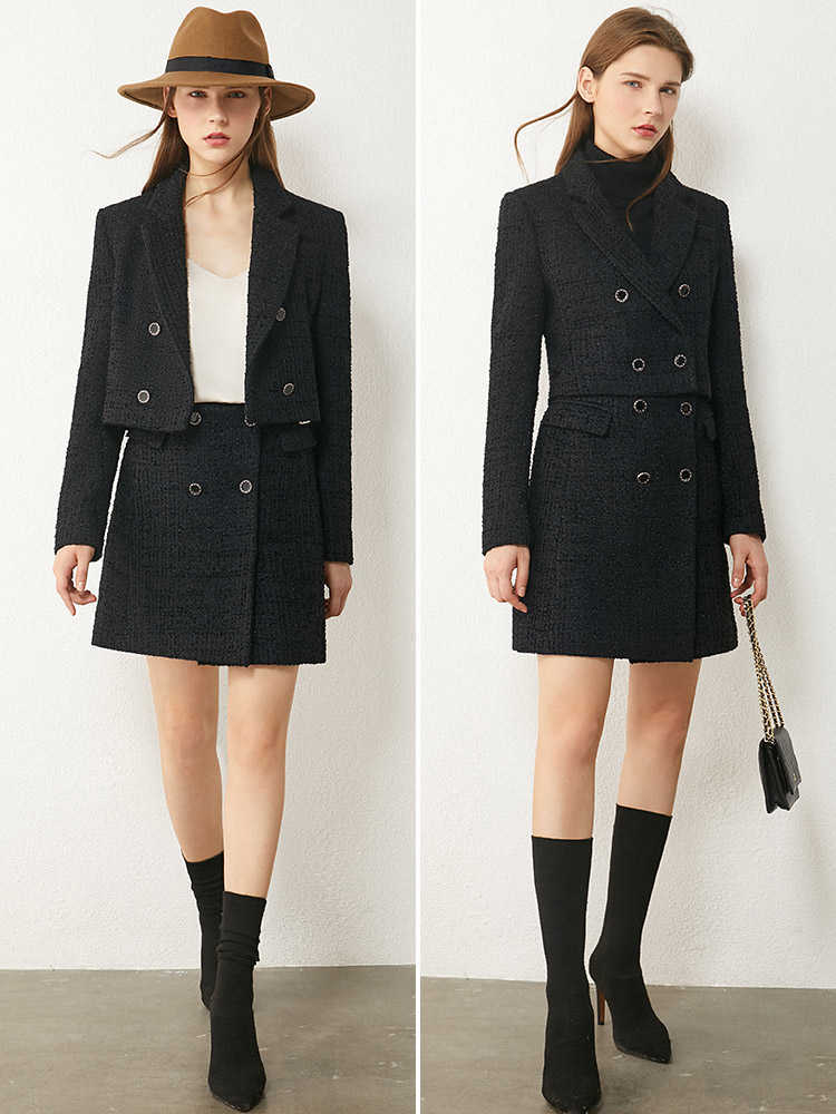 Minimalism Autumn Winter Fashion Coat For Women Vintage Tweed jacket High Waist Plaid Aline Mini Skirt Female 12030292 210527