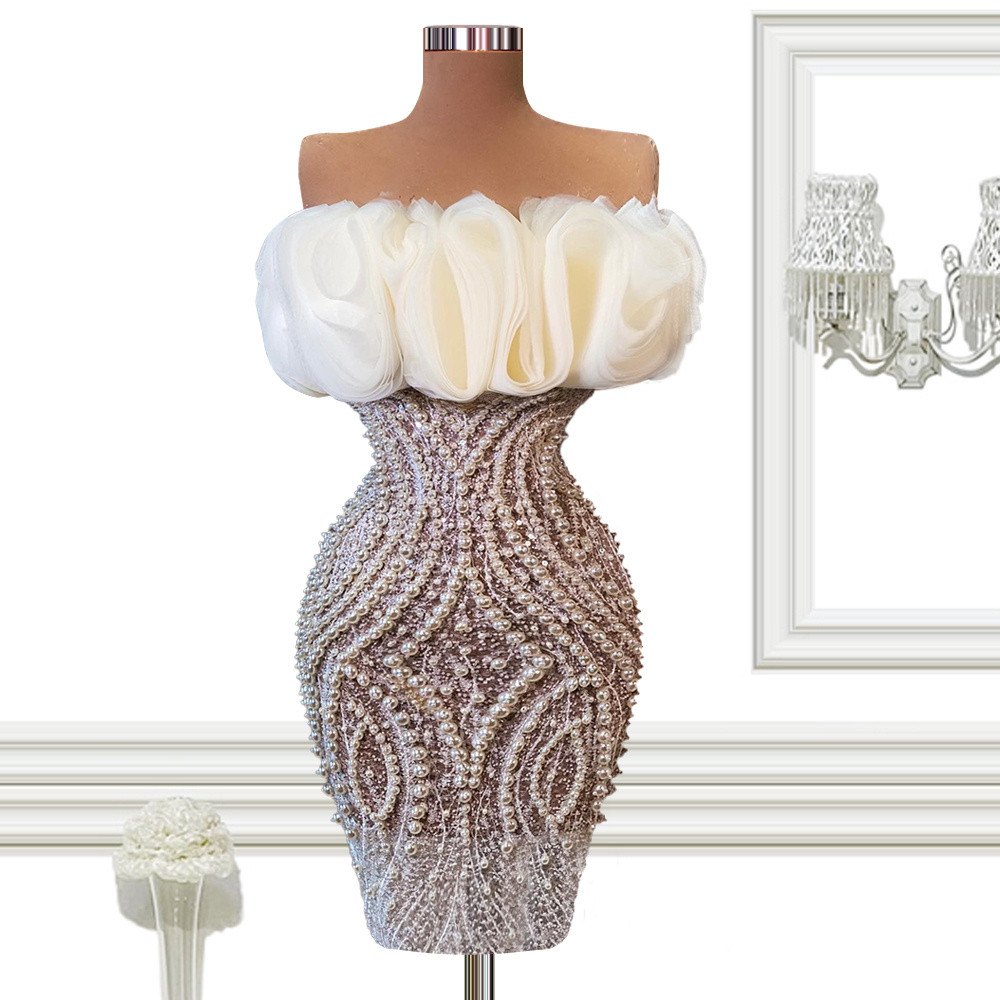 More Pearls White Cocktail Evening Dresses Off Shoulder Tiered Ruffles Mini Above Knee Length Women Prom Dress Sleeveless Robe De Soriee