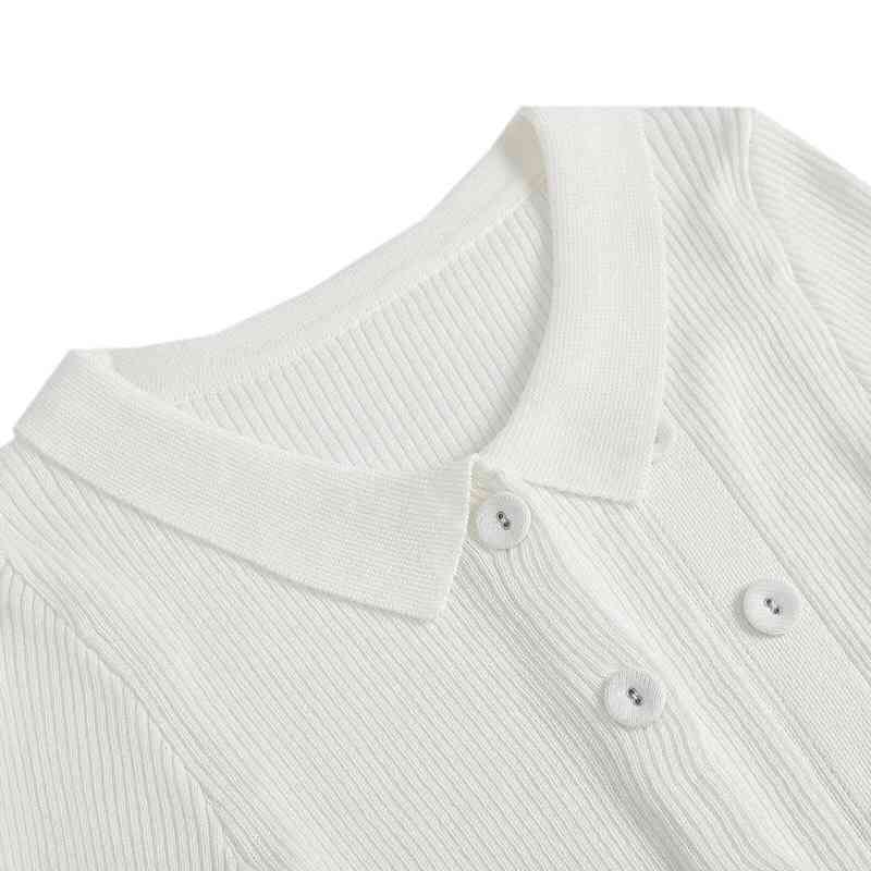Vintage Turn down Collar Double Breasted Buttons Cardigan French Style Lapel Long Sleeve Knitting Sweater Slim Jumper Knitwear 210429