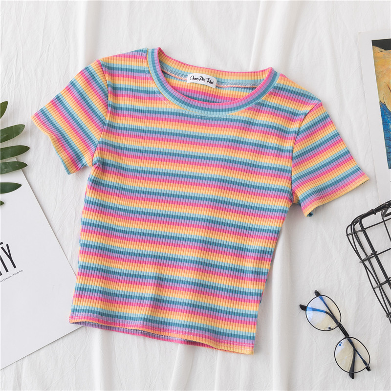 T Shirt Women Rainbow Striped Tops Slim Fit t shirt Harajuku Tshirt Summer Short Sleeve Korean T-shirt feminina Clothes Tops 210518, Black
T Shirt Women Rainbow Striped Tops Slim Fit t shirt Harajuku Tshirt Summer Short Sleeve Korean T-shirt feminina Clothes Tops 210518, Black