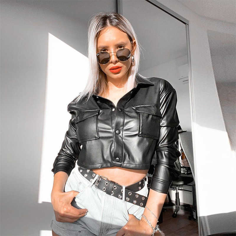 Colysmo Button up Shirt Women PU Leather Single Breasted Notched Loose Long Sleeve Top Black Crop Blouse Chic Autumn Streetwear 210527