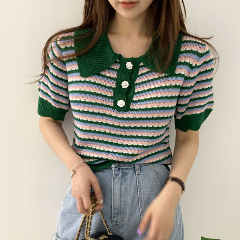 Korejpaa Women T-Shirt Summer Korean Chic Western Style Lapel Three Buttons All-Match Puff Sleeve Color Striped Pullovers 210526