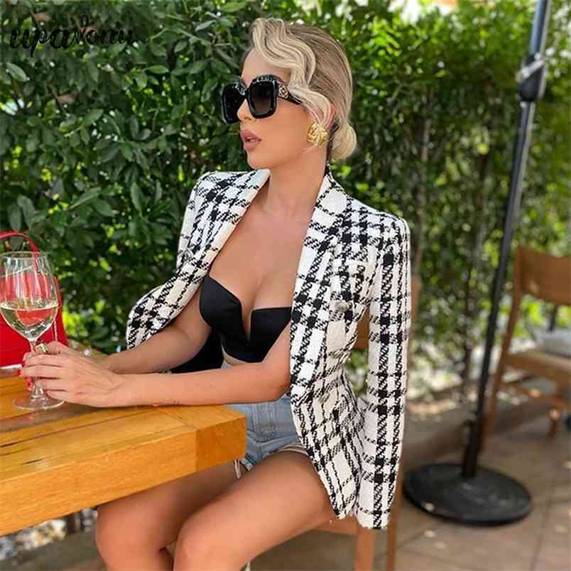 Free Ladies Tweed Jacket Fashion Office Black and White Houndstooth Women Autumn Retro Plaid 210524