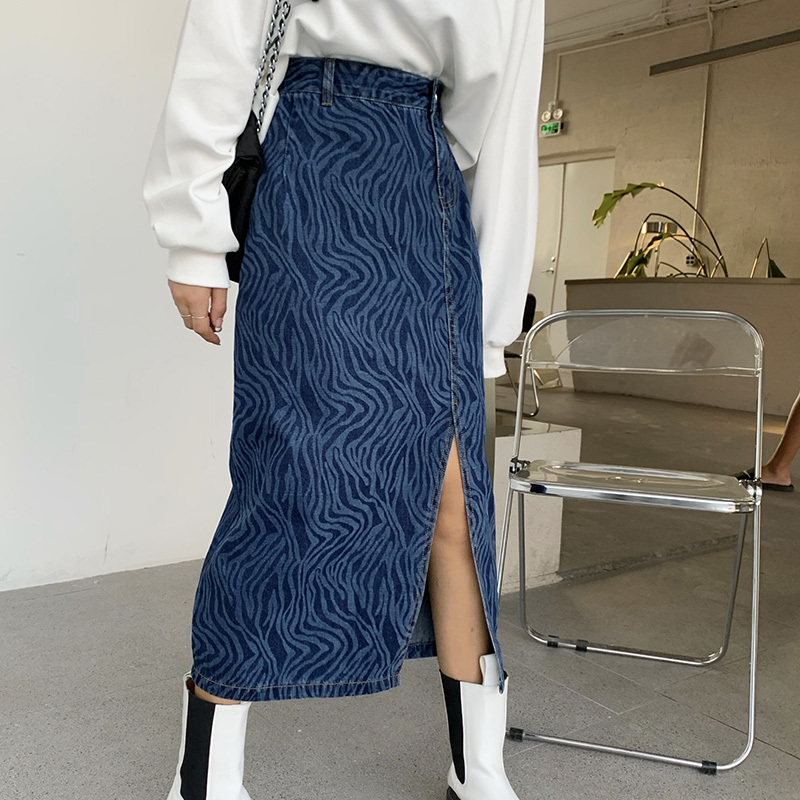 Nomikuma Korean Zebra Striped Jeans Skirt High Waist Split Casaul Women Demin Skirts New Fashion Bottoms Mujer Faldas 6D749 210427