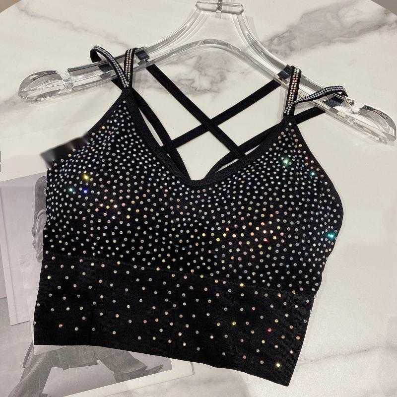 DEAT Spring Summer Arrivals Solid Color Backless Sling Bra Fashion Temperament Sexy Women Paste Drill Vest MZ826 210709