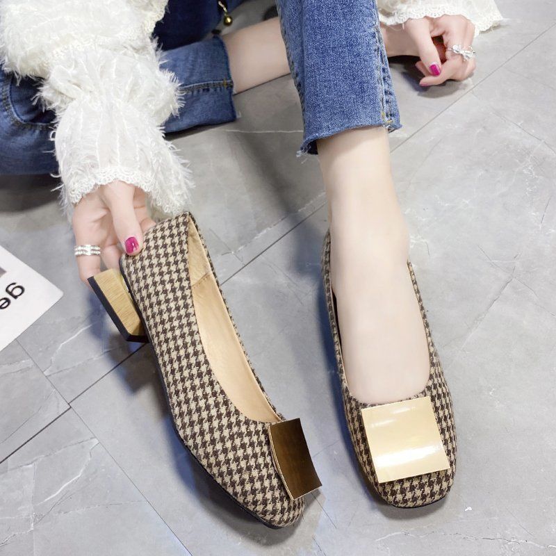 Top Quality GOOD Women Classic High Quality Round Toe Office Square Heel Pumps Lady Casual Black Plaid Summer High Heel Shoes C6308