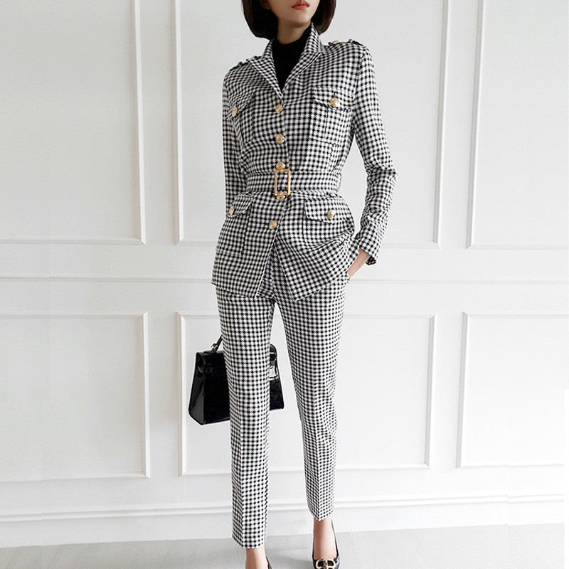 Comelsexy Fashion Women's Sets Two-piece Korean Style Temperament Plaid Suit Jacket Casual Pants Two Pieces Female 210515