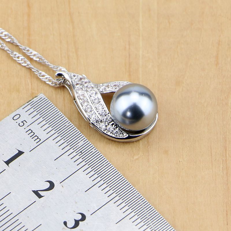 Silver 925 Bridal Jewelry Sets Pearls Beads For Women Wedding Drop Earrings Necklace Ring Natural Black Zircon