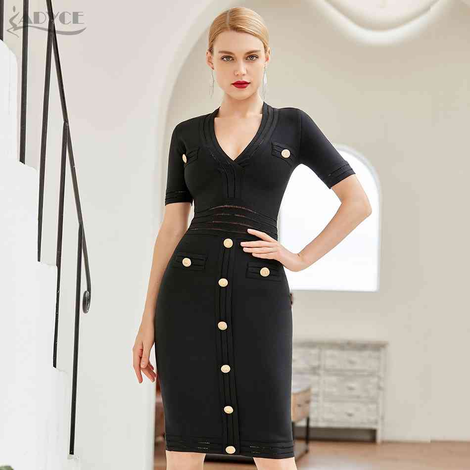 Summer Women Black Short Sleeve Bodycon Bandage Dress Sexy V Neck Buttons Club Celebrity Runway Party Dresses Vestidos 210423