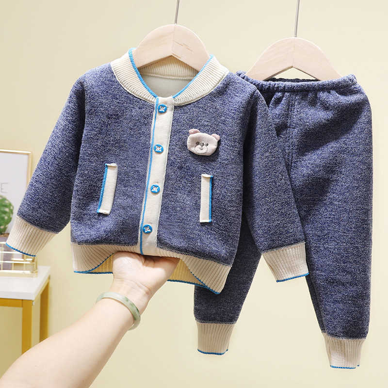 2020 New Spring Autumn Baby Boys Girls Clothing Sets 2pcs Cardigan Velvet Sweaters+Pants Boutique Knitted Baby Sets H0909