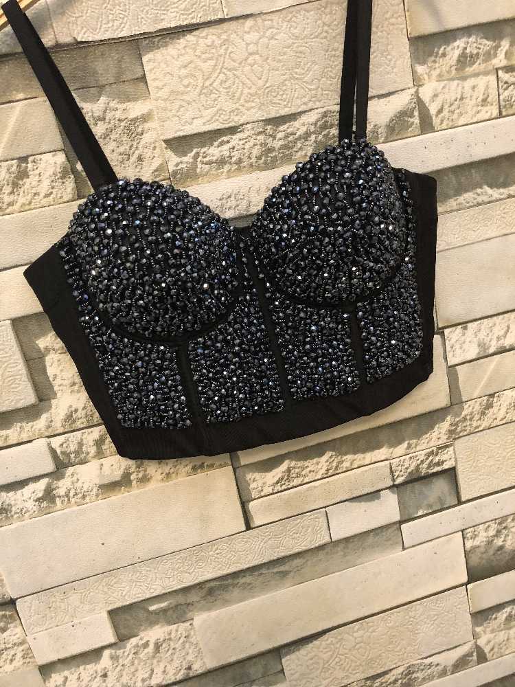Autumn Winter Sequins Gaga Bustier Pearls Push Up Night Club Bralette Women's Bra Cropped Top Corset Plus Size D240 210527