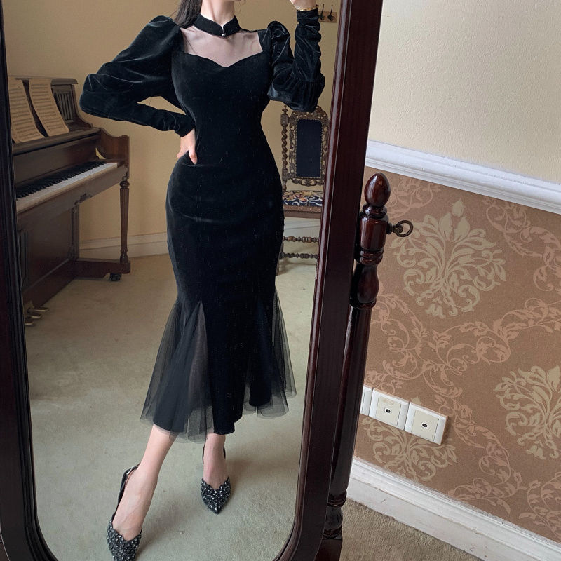 French Vintage Black Dress Women Spring Long Sleeve Slim Evening Party Dress Female Gothic Dress Koran Winter 210521