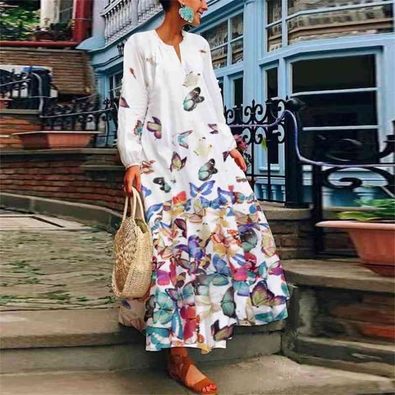 Women Dress Long Sleeve Print Dresses Plus Size Vintage Flowers Red White Blue Black Clothes 210524