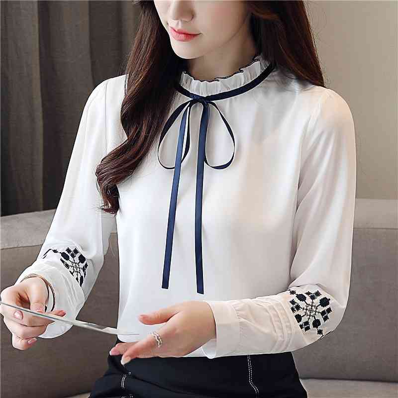Autumn Embroidered Chiffon Women Blouse Shirt Long Sleeve Slim Bow Tie Femme Tops Bottoming Clothing 0857 30 210506