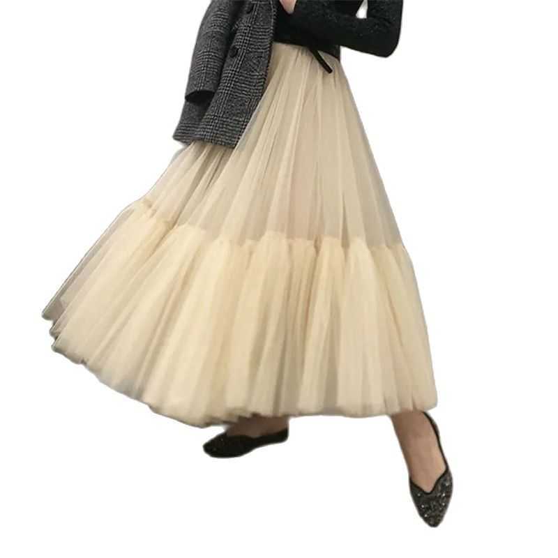 Vintage Wine Red Tulle Pleated Skirts Women High Waist Long Ruffled Mesh Skirt Spring Harajuku Black Elastic Puffy Tulle Skirts 210619wtt