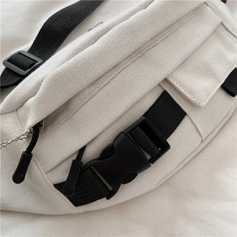 Waist Belt Bag Female Harajuku Style Slung Canvas Casual Running Sports Chest White Fanny Pack Black Bum 210708