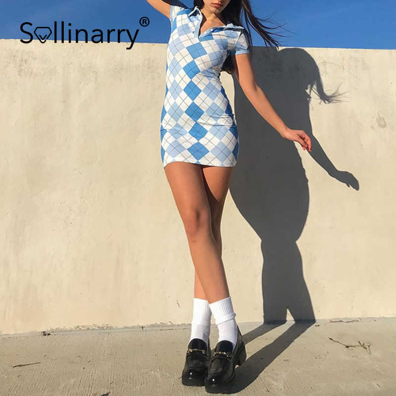 Sollinarry High street rhombic lattice polo collar short dress Slim fit blue summer dress Fashion causal streetwear dresses 210709
