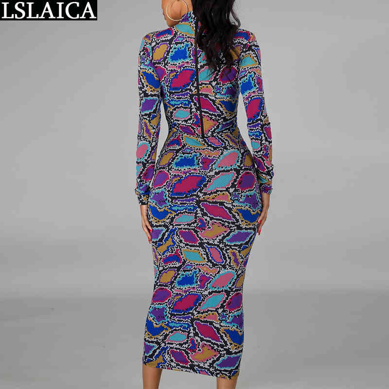 Maxi Dresses for Women Autumn Fashion Print Long Sleeve Turtleneck Sexy Bodycon Zipper Skinny Evening Party Club 210515