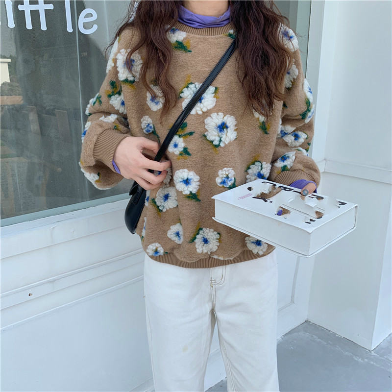 Nomikuma Korean 3D Floral Pullover Sweatshirt Causal Long Sleeve O-neck Hoodies Autumn Winter Women Top Jumper 6D156 210427