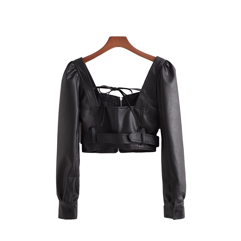 Streetwear Women Faux Leather Jackets Fashion Ladies Zipper Sashes Coats Sexy Female Chic Square Collar Short Jacket 210430