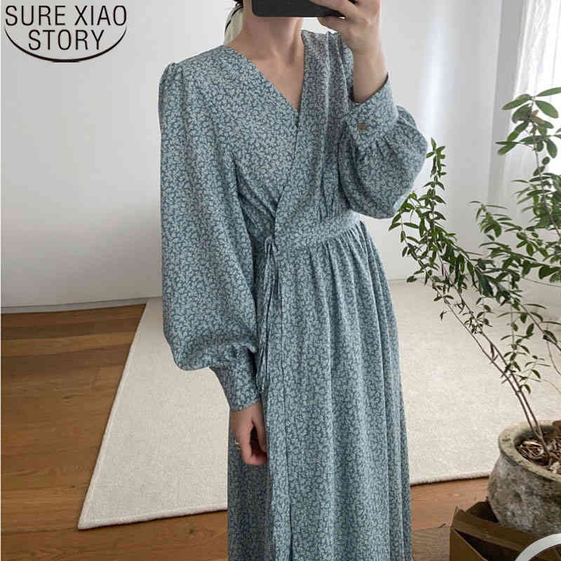 Elegant Maxi Long Dress Korea Chic Vintage Puff Sleeve Print s Casual V-neck with Ribbon Vestidos Feminino 12526 210506