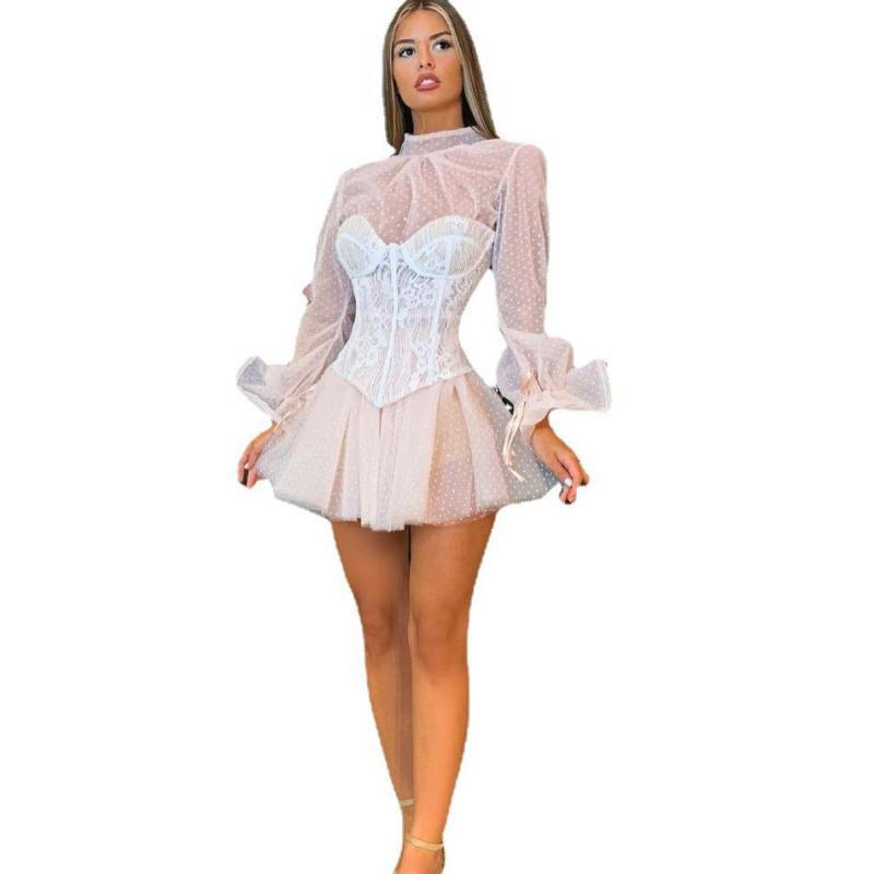 Women Dress Lantern Sleeve Mesh Lace Perspective Sexy Long Plus Size Summer es 210524