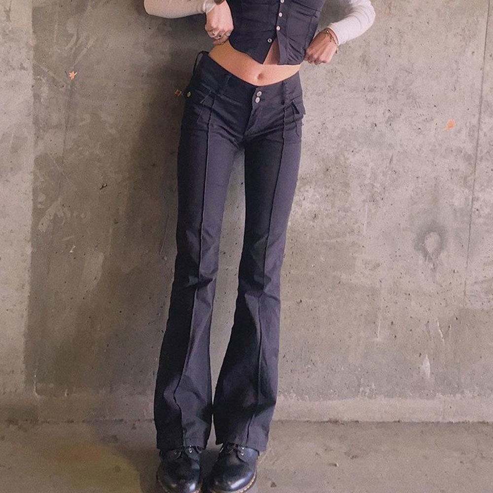 Women Casual Low Waist Flare Pants Vintage Aesthetics Pockets Solid Y2K Harajuku Trousers Gothic Streetwear 210428