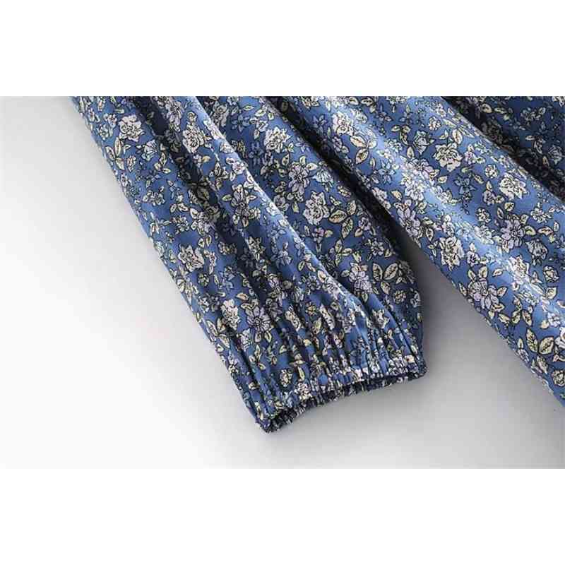 Bohemia Bandage Lacing up Collar Blue Floral Print Dress BOHO Woman Long Sleeve Maxi Holiday Dresses Beach 210429