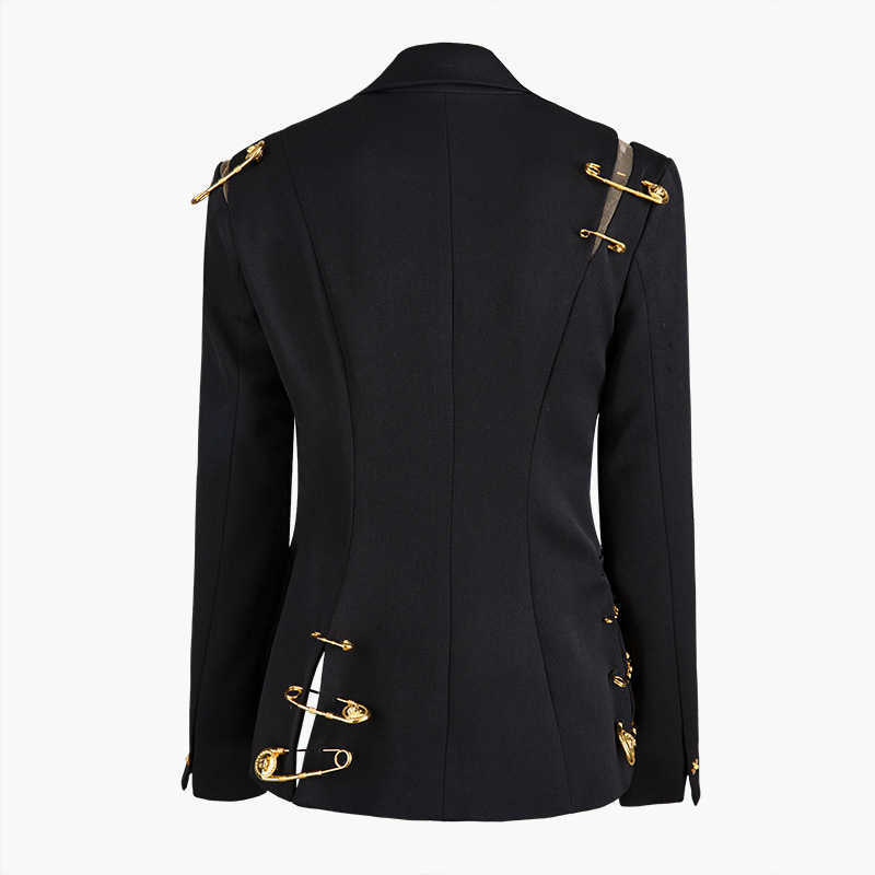 [EAM] Loose Fit Black Hollow Out Pin Spliced Jacket Lapel Long Sleeve Women Coat Fashion Spring Autumn JZ500 210914