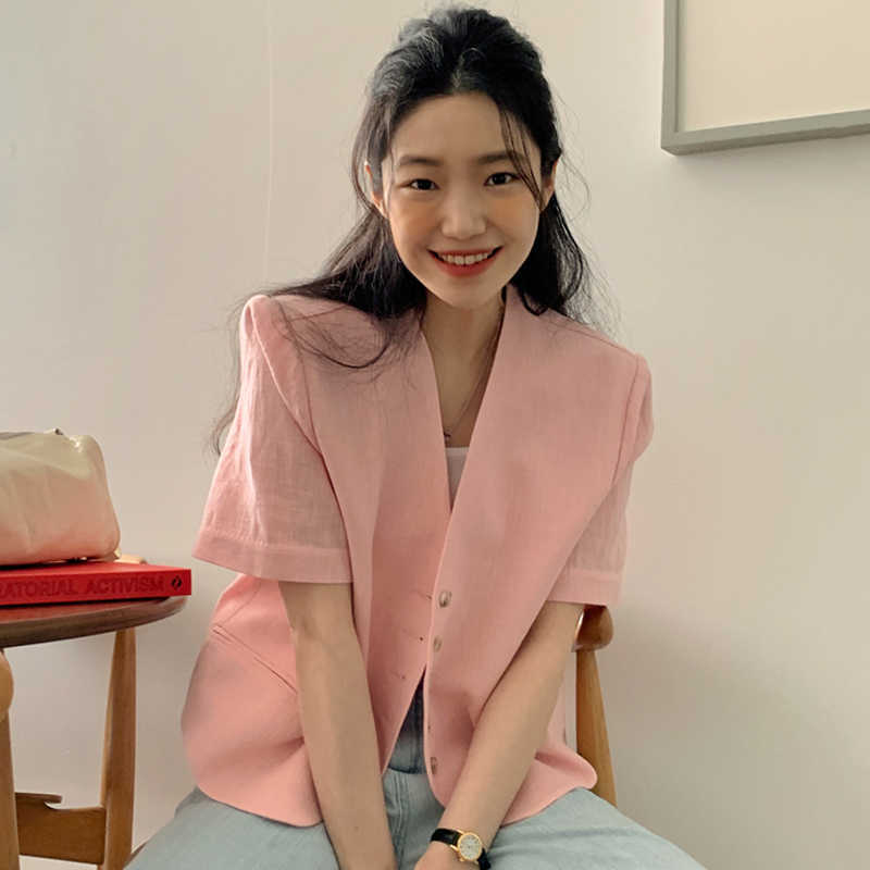 Korejpaa Women Shirt Summer Korean Chic Retro Temperament V-Neck Single-Breasted Loose Versatile Short-Sleeved Blouses 210526