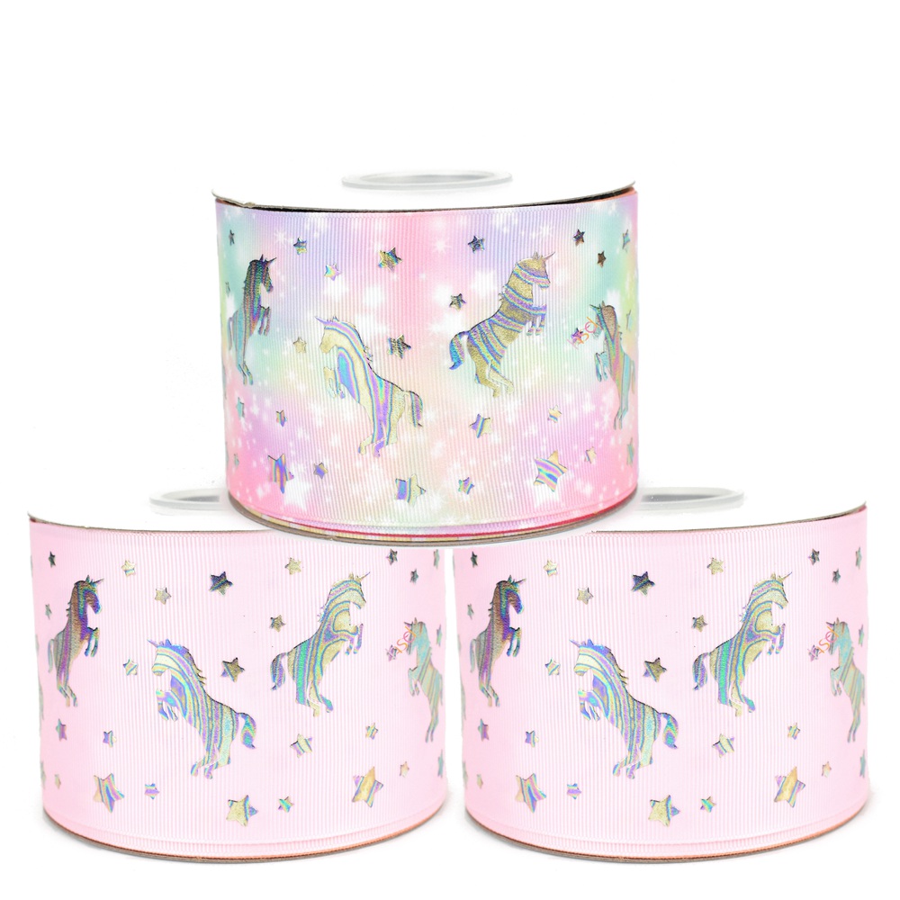 

50yards 75mm Iridescence Silver Foil Unicorns ribbons Cute unicorn Grosgrain Ribbon For DIY Accessories Welcome Custom Printed