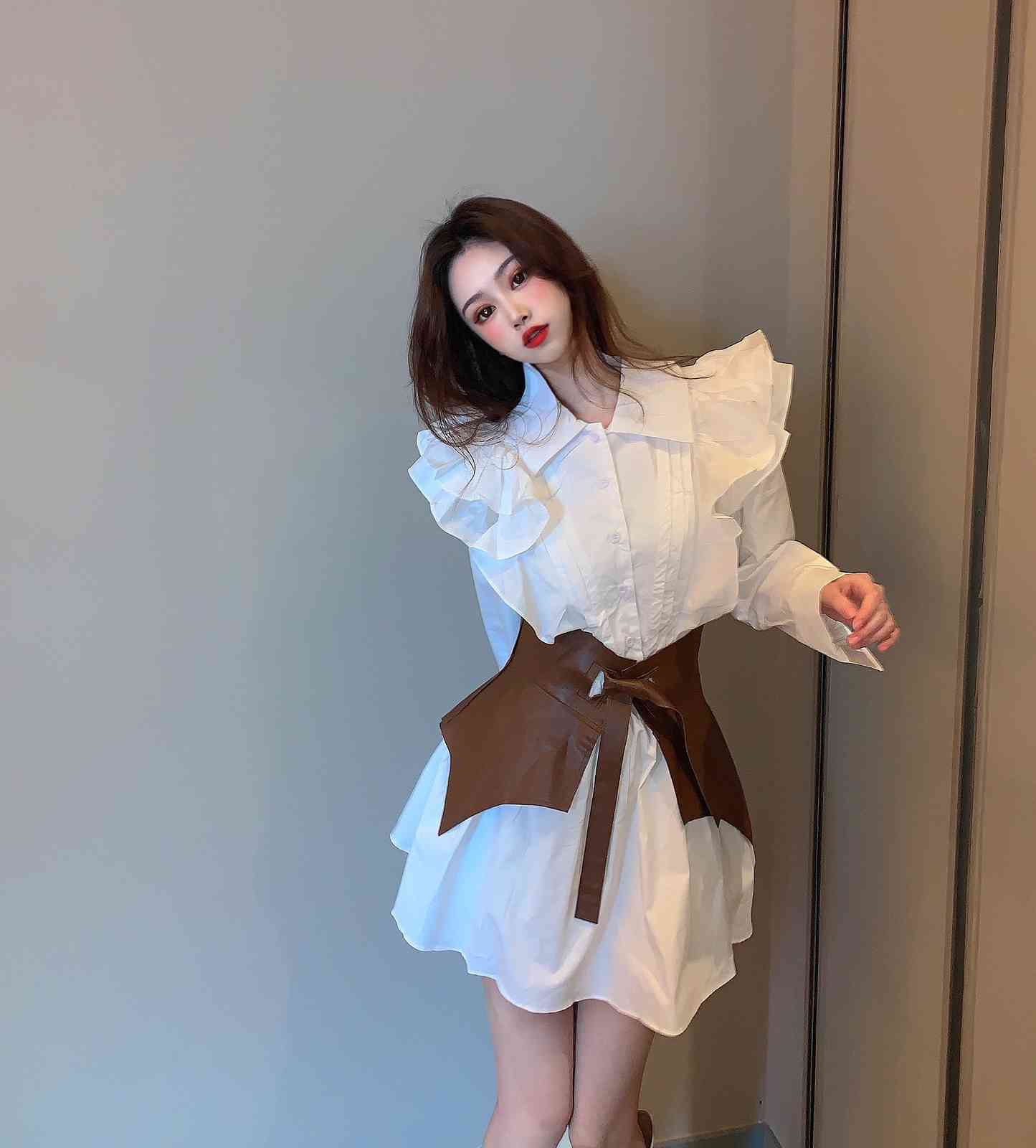 Fashion Korean Elagant Women Ruffles Long Sleeve Lady Shirt Party Dress Female Vestidos With Belt 210519