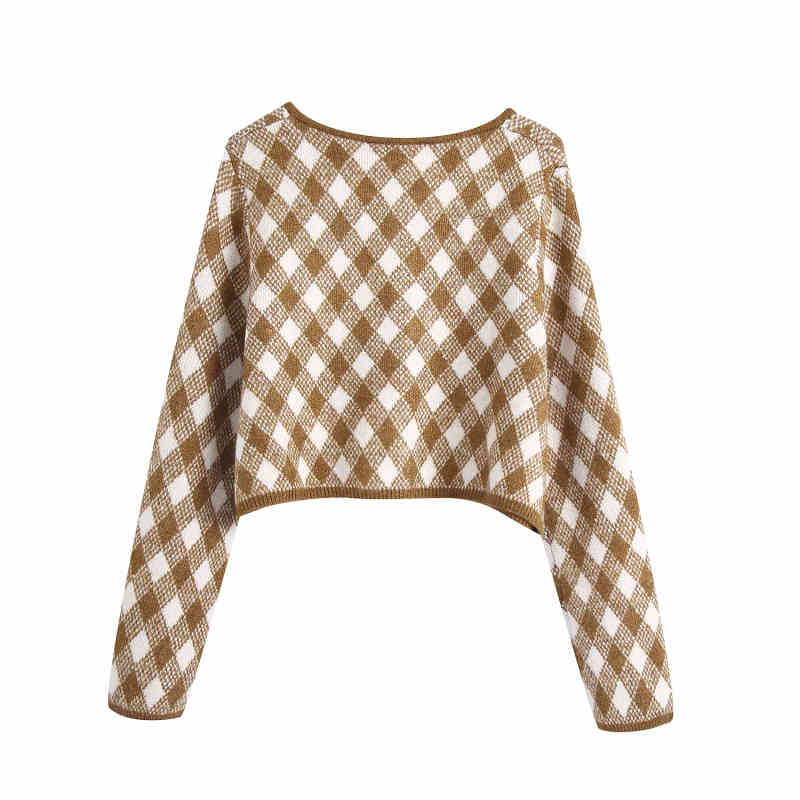 Vintage Woman Argyle Sweater Coat Fashion Ladies Autumn Oversized Knitted Jacket Female Chic Soft Outerwear 210515