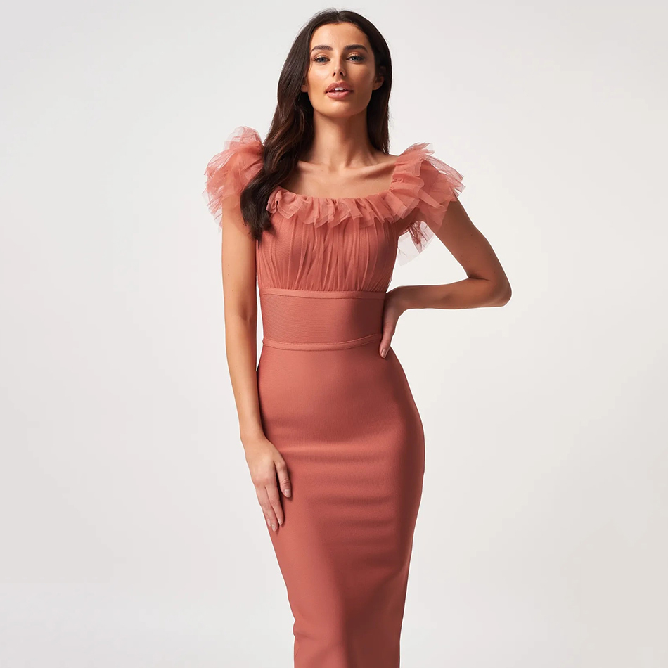 Free Women Bandage Dress Sexy Square Neck Short Sleeve Mesh Patchwork Bodycon Midi Elegant Party Vestido 210524