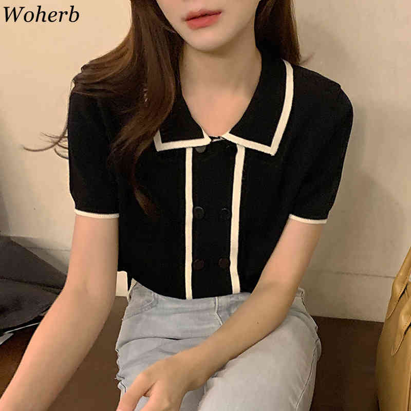 Korean KnitTop Women Summer Shirts Vintage Double Breasted Turn Down Collar Tees Short Sleeve Loose Tshirts Mujer 210519