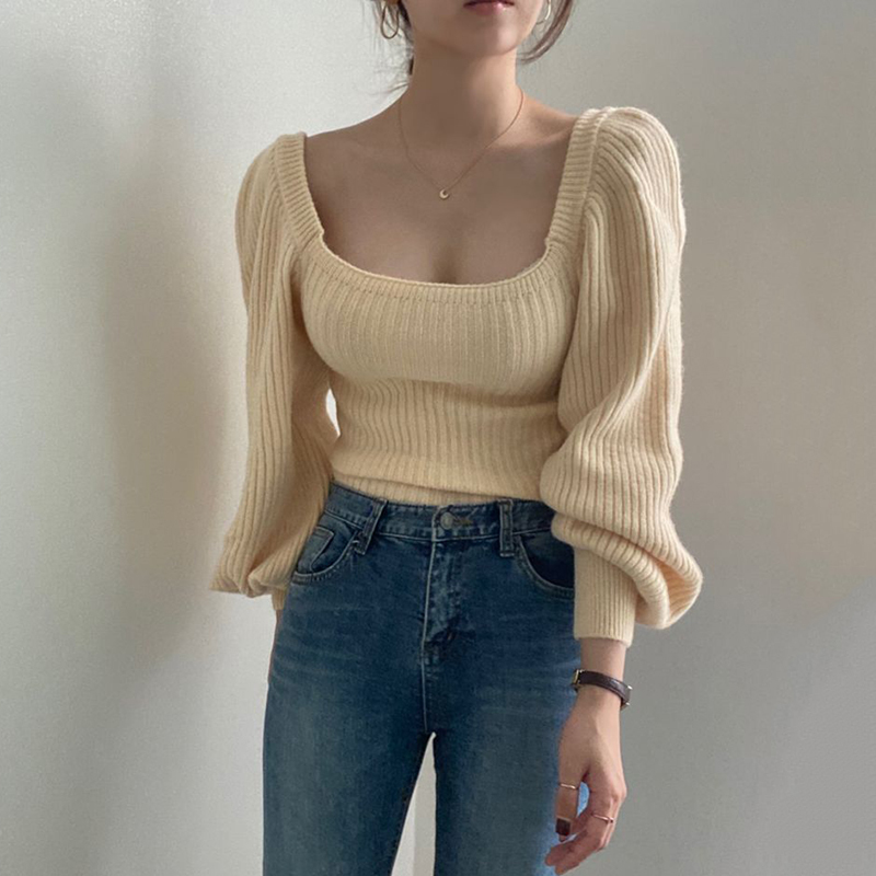 Nomikuma Korea Chic Autumn Winter Women Sweater Square Collar Puff Long Sleeve Causal Knitted Pullover New Pull Femme 6C870 210427