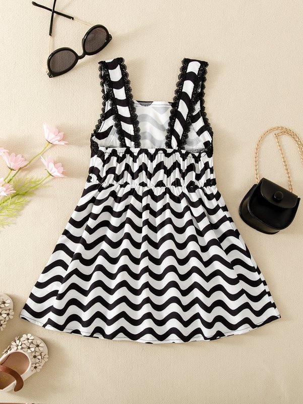 Toddler Girls Chevron Print Guipure Lace Trim Dress SHE