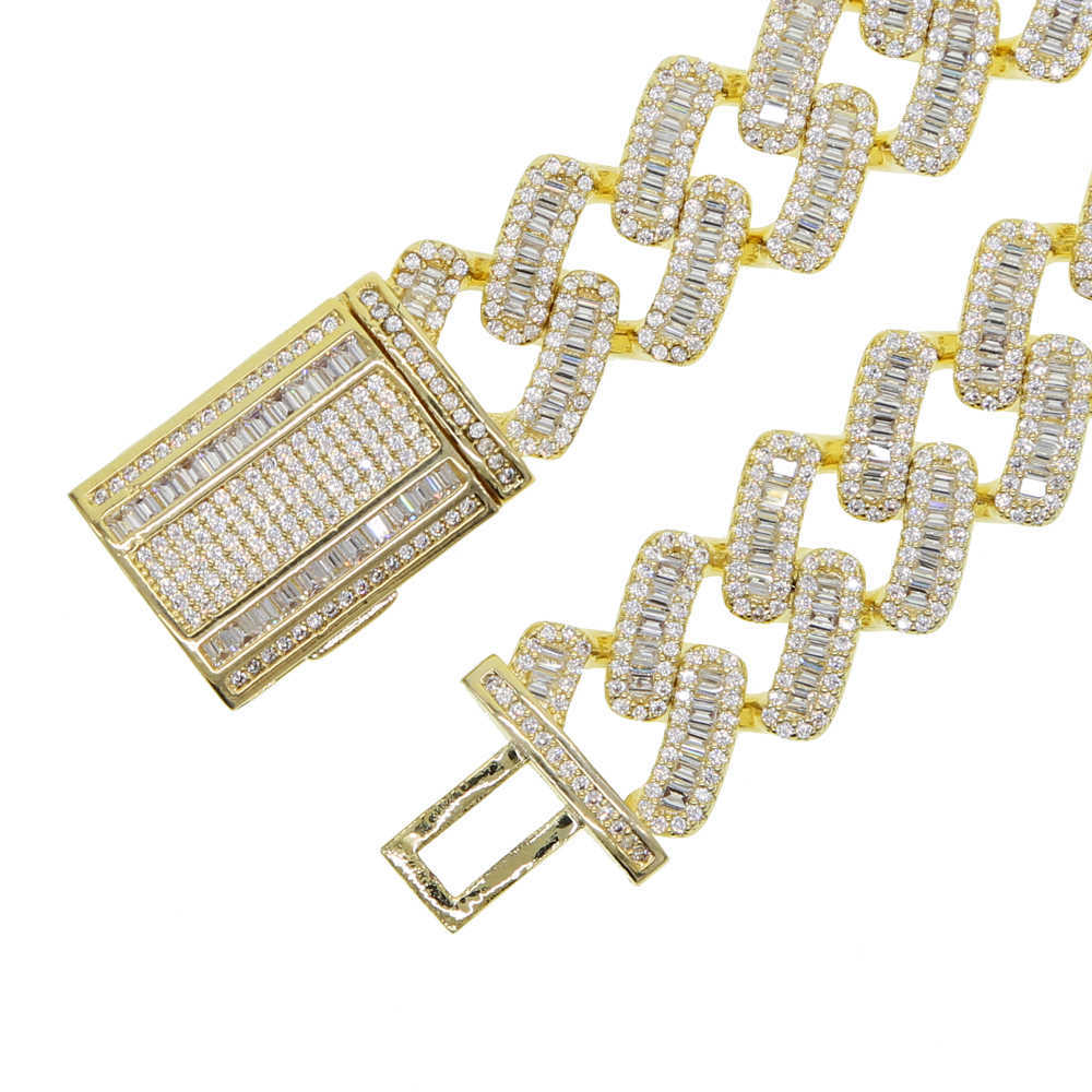 15mm width 5A iced out bling baguette cz cuban link chain bracelet for men Gold color hiphop jewelry 210609