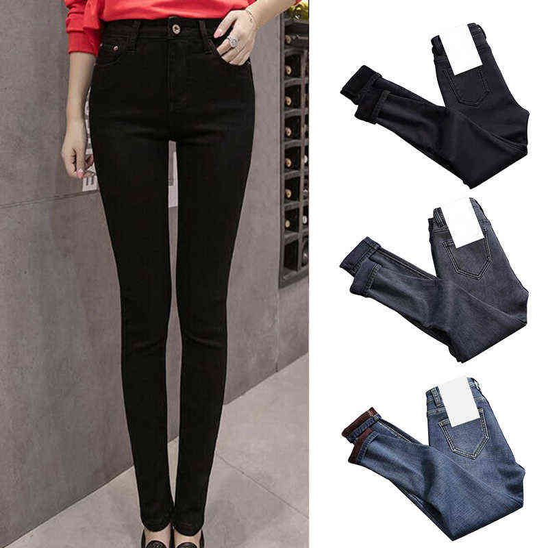 Pants For Women High Waist Thermal Jeans Fleece Lined Denim Stretchy Trousers Skinny Ropa Mujer 211115