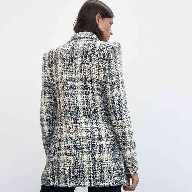 autumn and winter casual plaid double-breasted texture with shoulder pads suit jacket women 211104