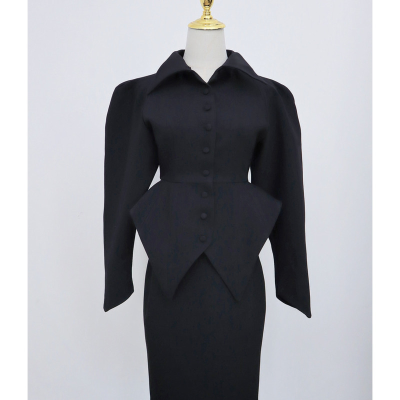 [DEAT] Lapel Collar Puff Sleeve Single Breasted Top Knee-length Black Skirt Two Piece Set Women Y2k Cothes Spring GX206 210428