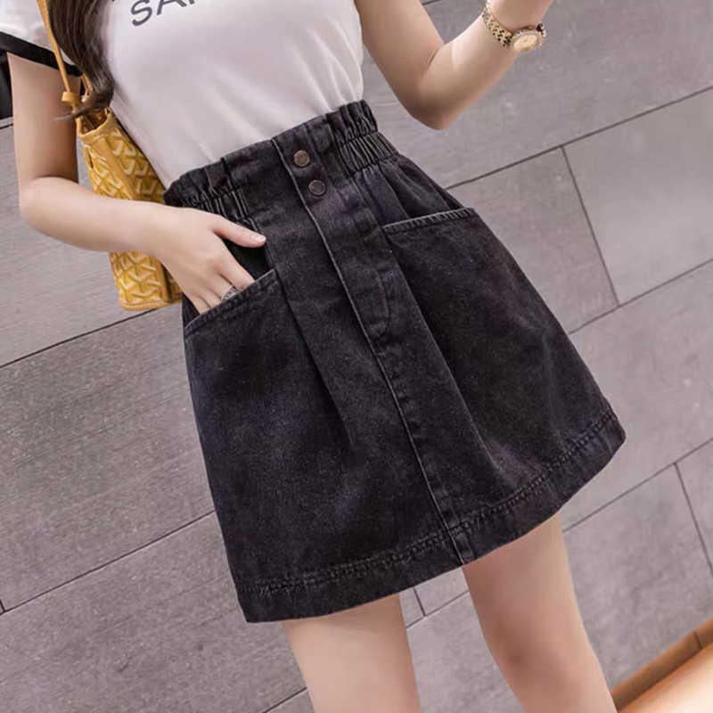 Elastic High Waist Denim Skirt Woman Skirts Mini Jean Pockets Casual Streetwear Female A-line Sexy Black 210619