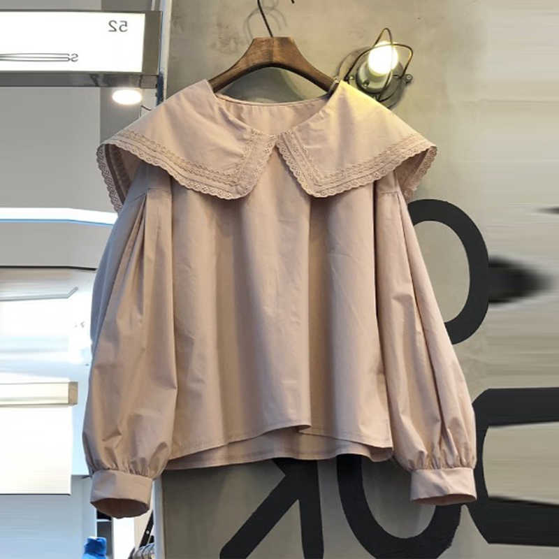 Autumn Korean Sweet Lace Peter Pan Collar Lantern Sleeve Solid Shirts Fashion Womens Tops and Blouses 210615Z