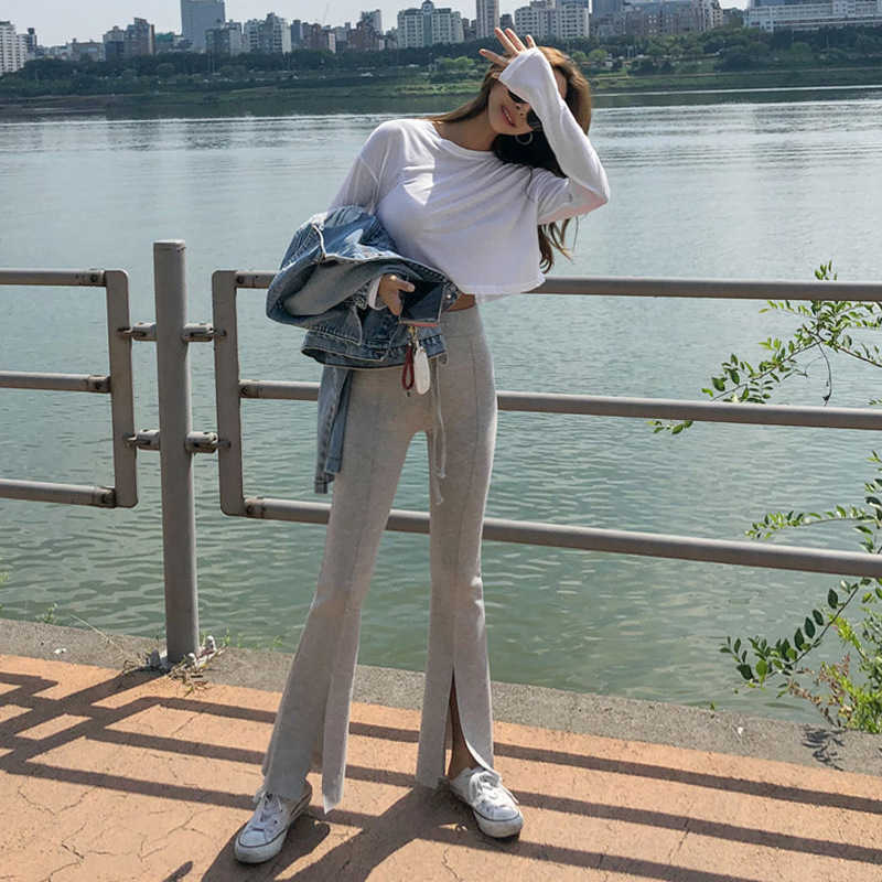 WOMENGAGA Women's Summer Slim Korean Corded Flared Pants Split Wide Leg Knitted Trousers Fashion Women D1LF 210603