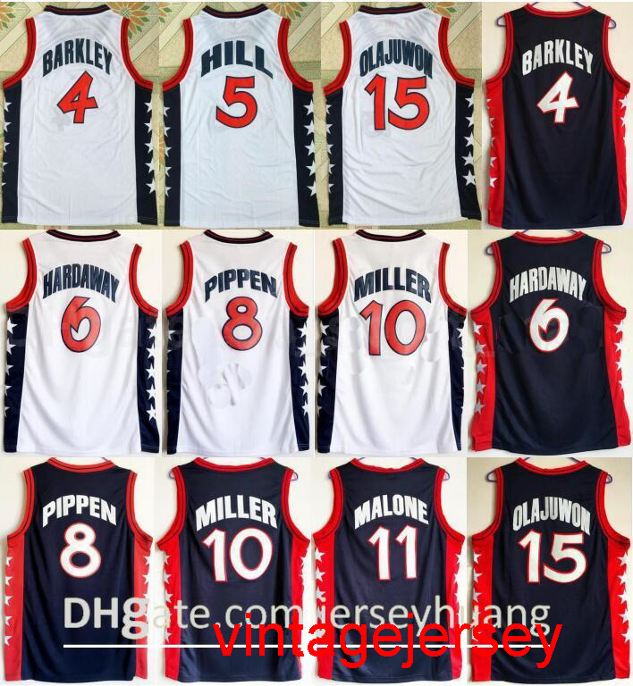 1996 US Dream Team Basketball Hakeem Olajuwon Jersey Penny Hardaway Charles Barkley Reggie Miller Scottie Pippen Grant Hill Karl Malone, 15 navy blue 
1996 US Dream Team Basketball Hakeem Olajuwon Jersey Penny Hardaway Charles Barkley Reggie Miller Scottie Pippen Grant Hill Karl Malone, 15 navy blue